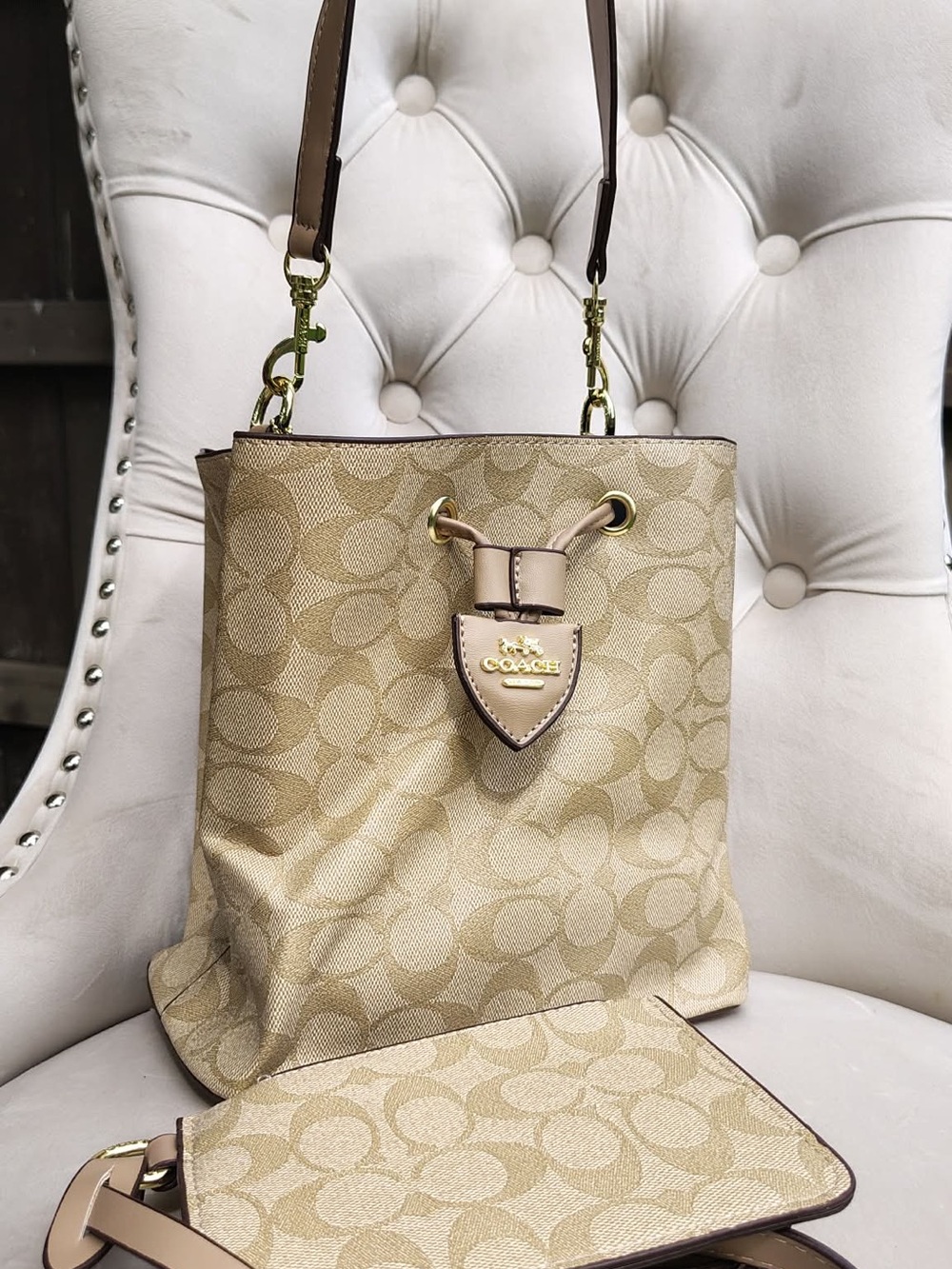 Coach Beige Signature Canvas Drawstring Bucket Bag with Leather Trim